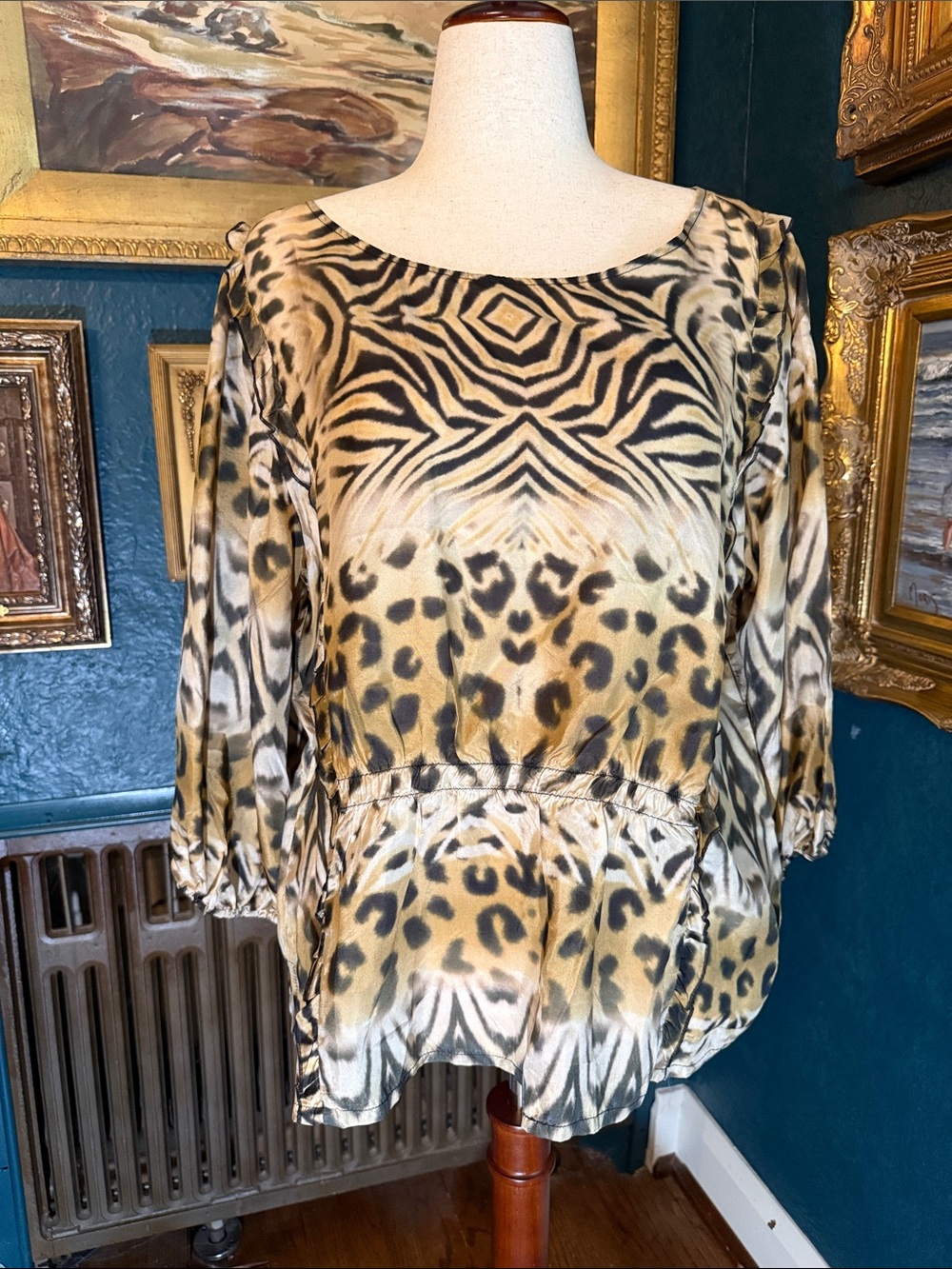 Johnny Was Animal-Print Peasant Blouse in Tan and Black